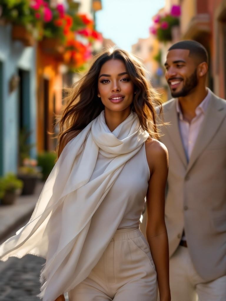 Woman in a beige scarf walks confidently on a colorful street with flowers, accompanied by a smiling man in a suit.