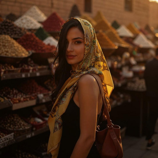 Woman wearing a golden scarf in a vibrant market filled with spices and colorful goods.