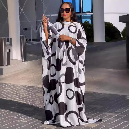 White and Black African Print Kaftan and Headscarf | Traditional Ankara Gown