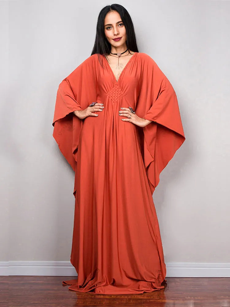 Sophisticated V-Neck Chinese Knot Kaftan with Batwing Sleeves