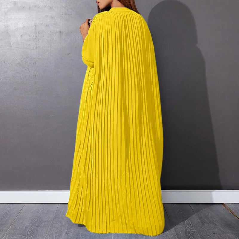 Press Pleated Maxi Dress | Long Sleeve, Single-Breasted and Floor Length Gown