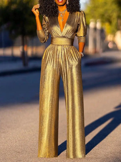 Solid Gold Deep V-Neck Jumpsuit, Three-Quarter Sleeves, High Waist and Wide Legs