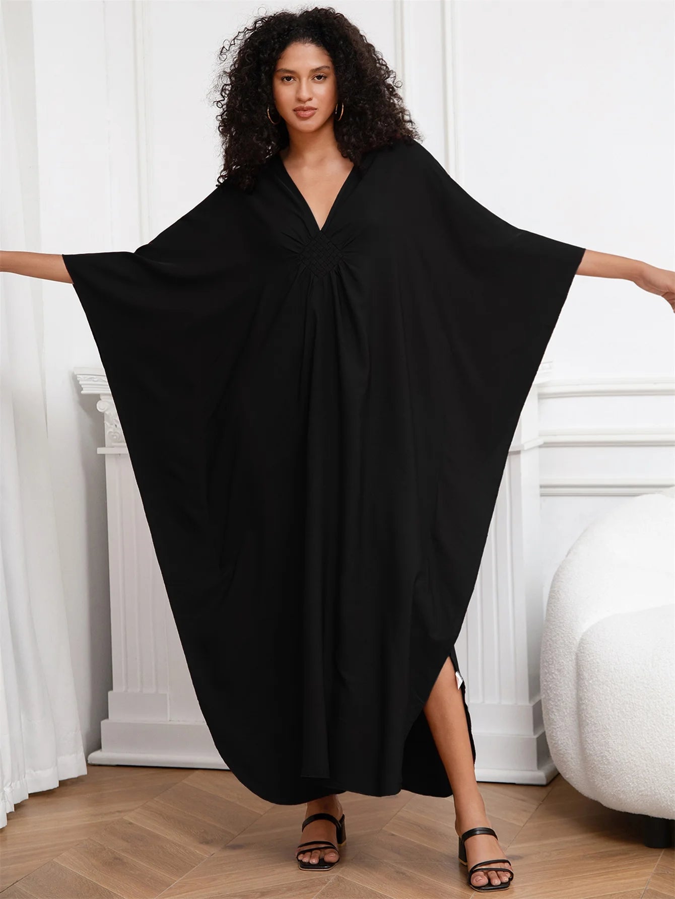 Solid Black V-Neck Kaftan with Batwing Sleeves