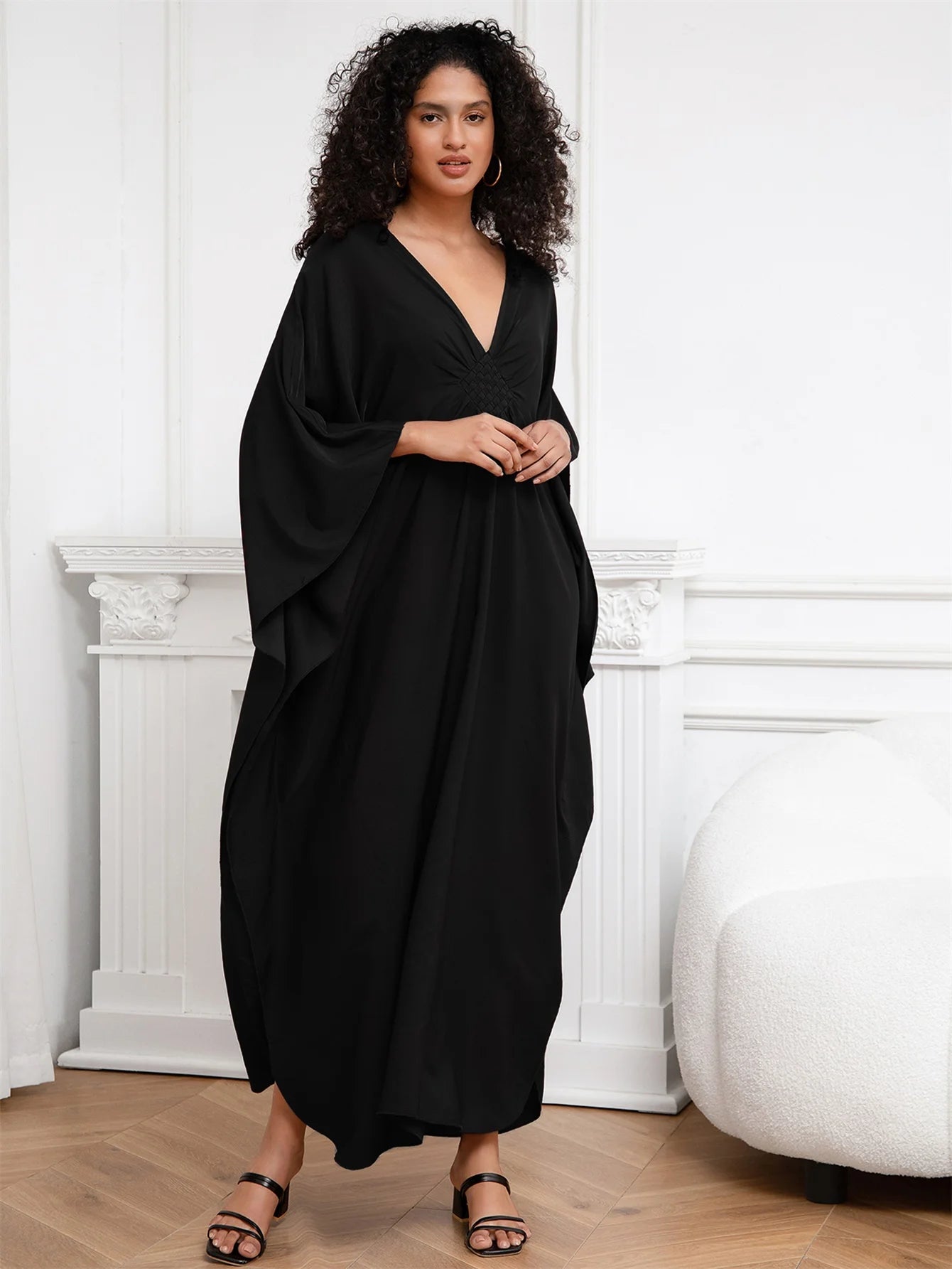 Solid Black V-Neck Kaftan with Batwing Sleeves