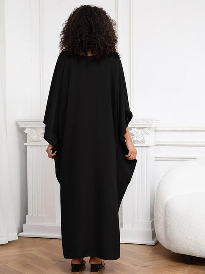 Solid Black V-Neck Kaftan with Batwing Sleeves