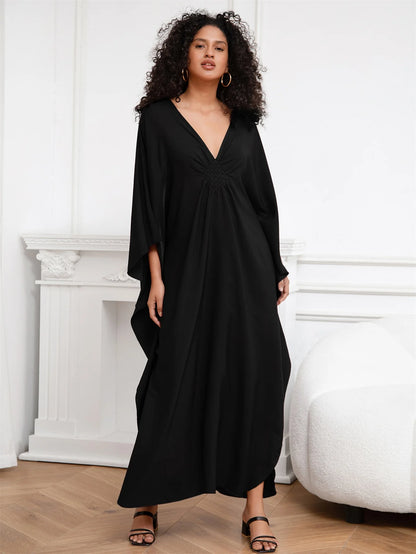 Solid Black V-Neck Kaftan with Batwing Sleeves