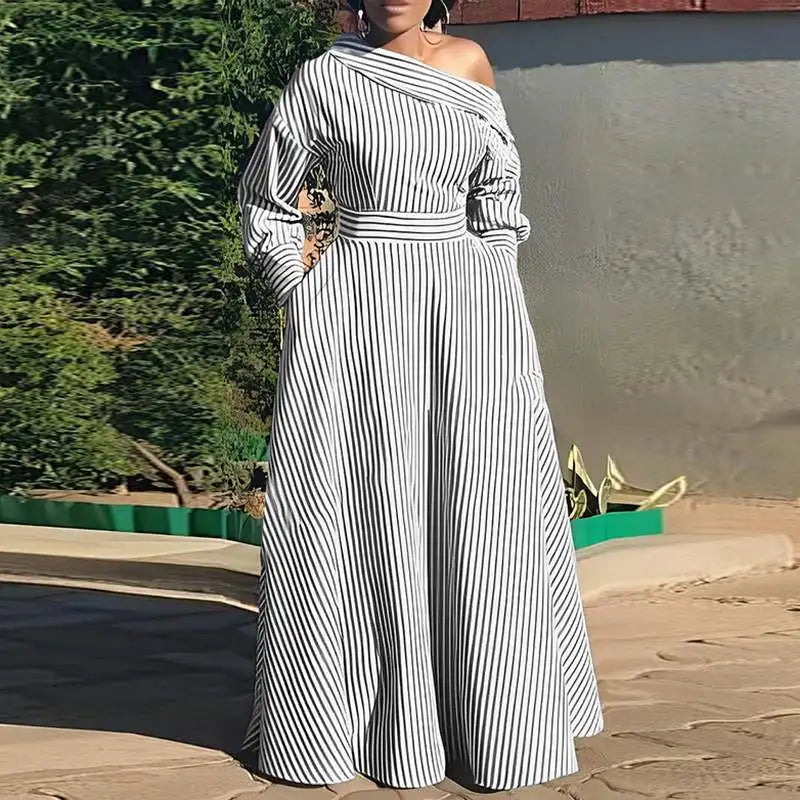 Classy Striped Off Shoulder Maxi Dress with Long Sleeves