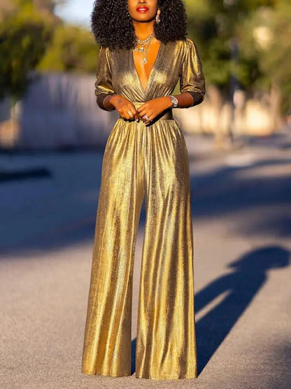 Solid Gold Deep V-Neck Jumpsuit, Three-Quarter Sleeves, High Waist and Wide Legs