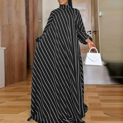 Elegant Long Sleeve Turtleneck Stripe Maxi Dress