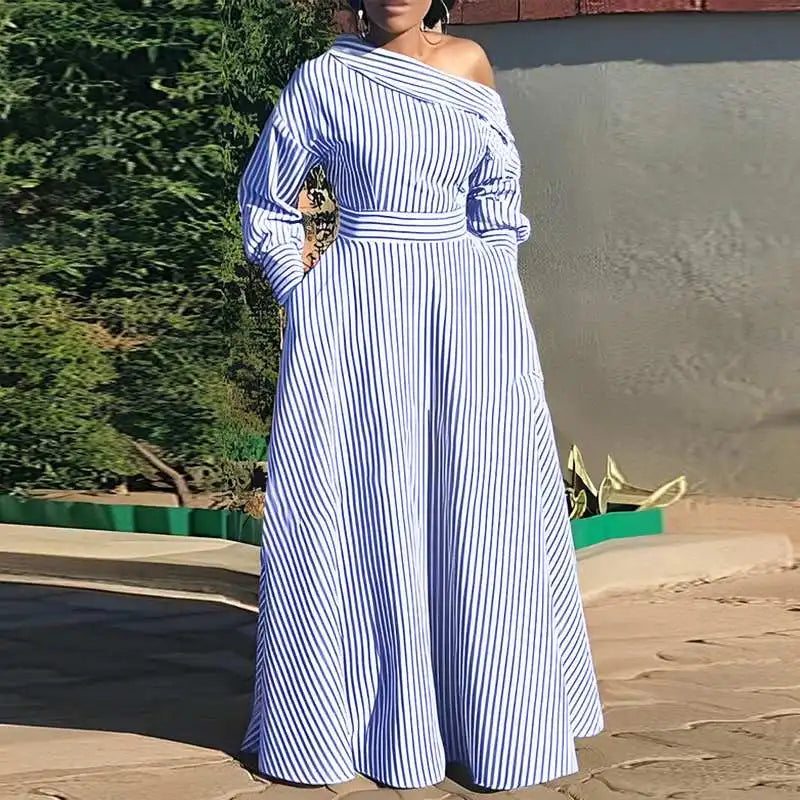 Classy Striped Off Shoulder Maxi Dress with Long Sleeves