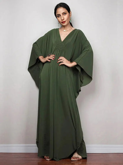 Sophisticated V-Neck Chinese Knot Kaftan with Batwing Sleeves