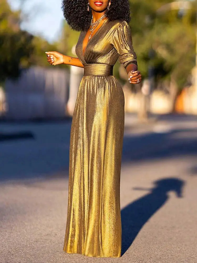 Solid Gold Deep V-Neck Jumpsuit, Three-Quarter Sleeves, High Waist and Wide Legs