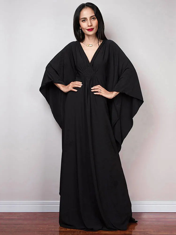 Sophisticated V-Neck Chinese Knot Kaftan with Batwing Sleeves