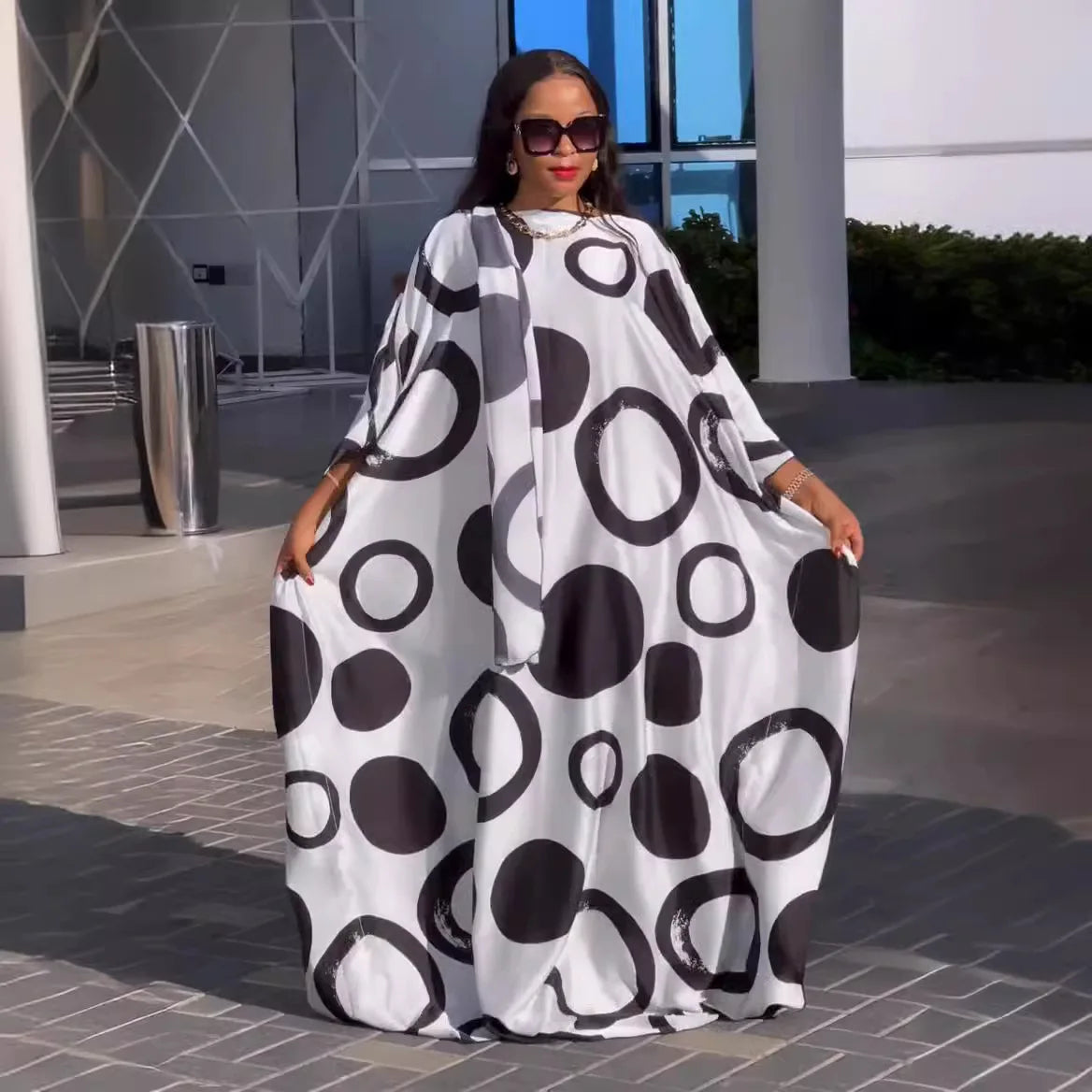 White and Black African Print Kaftan and Headscarf | Traditional Ankara Gown