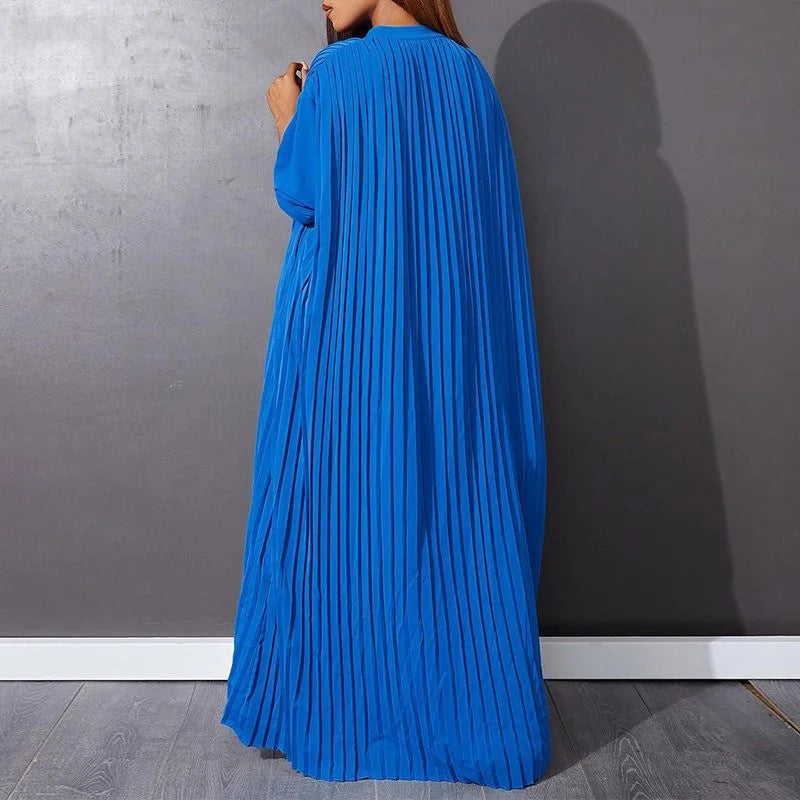 Press Pleated Maxi Dress | Long Sleeve, Single-Breasted and Floor Length Gown