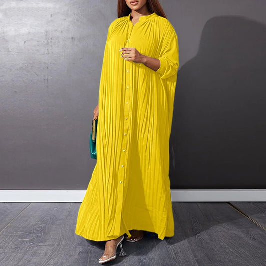 Press Pleated Maxi Dress | Long Sleeve, Single-Breasted and Floor Length Gown