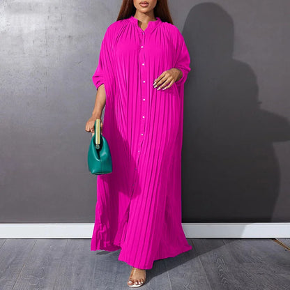 Press Pleated Maxi Dress | Long Sleeve, Single-Breasted and Floor Length Gown