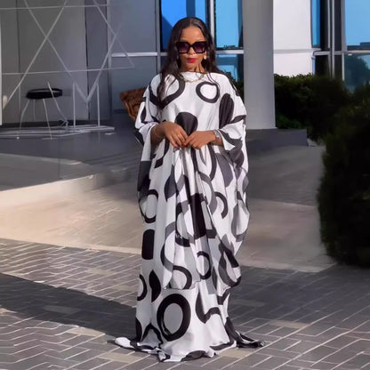 White and Black African Print Kaftan and Headscarf | Traditional Ankara Gown