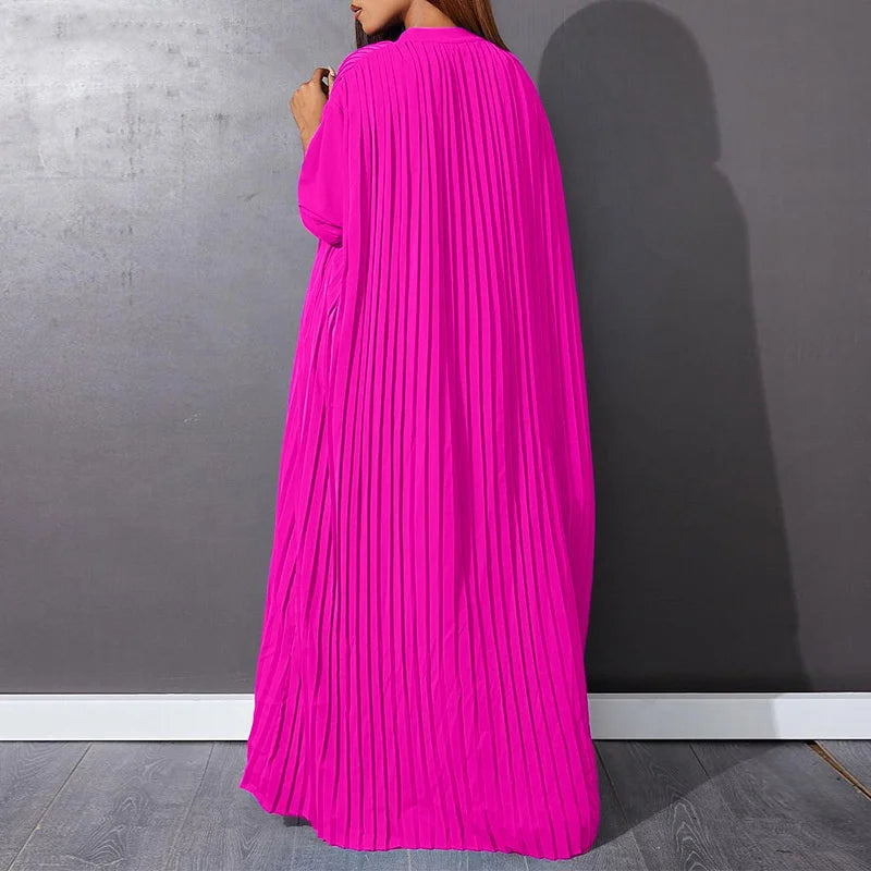 Press Pleated Maxi Dress | Long Sleeve, Single-Breasted and Floor Length Gown