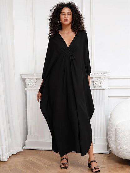 Solid Black V-Neck Kaftan with Batwing Sleeves