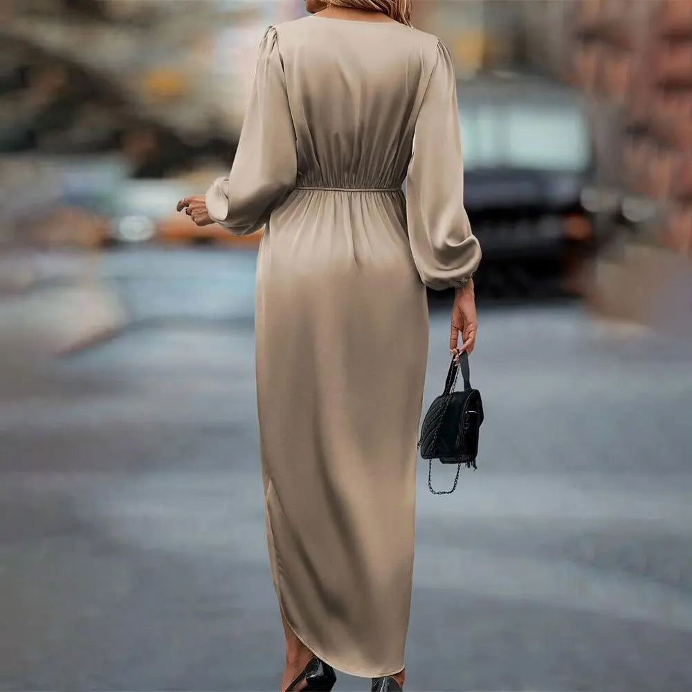 Elegant Maxi Dress With Cross Neckline, Folded Pleats Slit and Bubble Sleeves