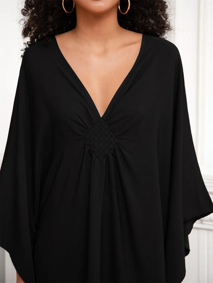 Solid Black V-Neck Kaftan with Batwing Sleeves