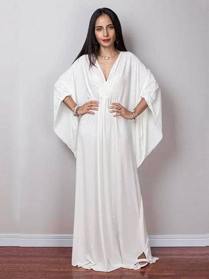 Sophisticated V-Neck Chinese Knot Kaftan with Batwing Sleeves