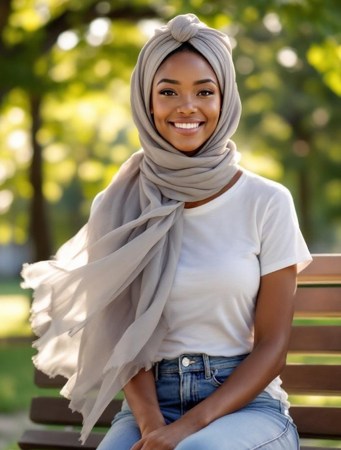 Smiling woman wearing a soft gray chiffon scarf, seated on a bench in a sunny outdoor setting.