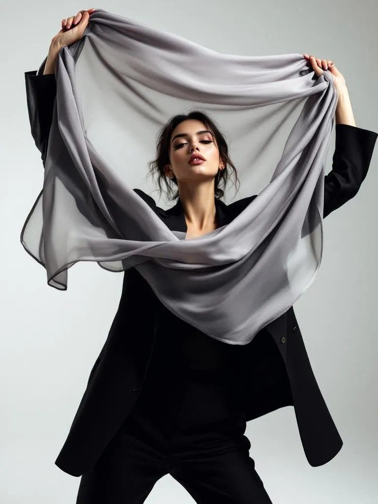 Model showcasing a soft gray chiffon scarf, styled elegantly with a black blazer, emphasizing its lightweight and flowy design.